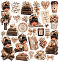 Antique Lace and Espresso doll, coffee, books, floral and bow sticker sheet