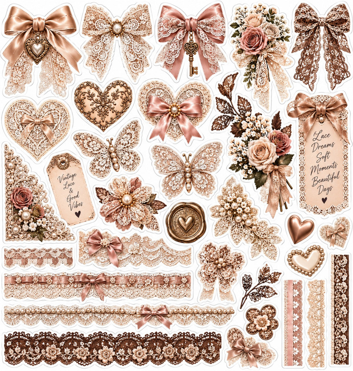 Coordinating vintage lace bows, hearts, butterflies and decorative border sticker sheet