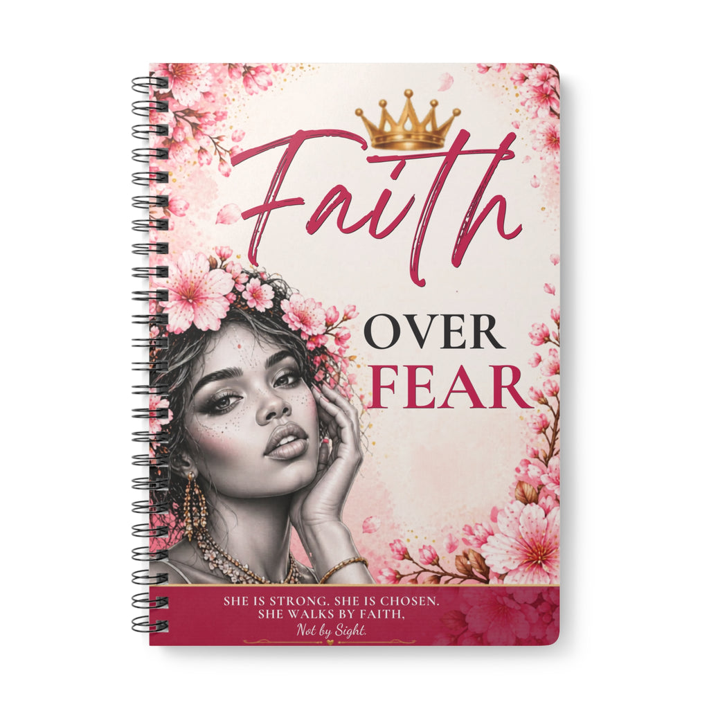 A5 Wirobound Notebook with "Faith Over Fear" cover featuring printed paper pages, designed for journaling and note-taking.