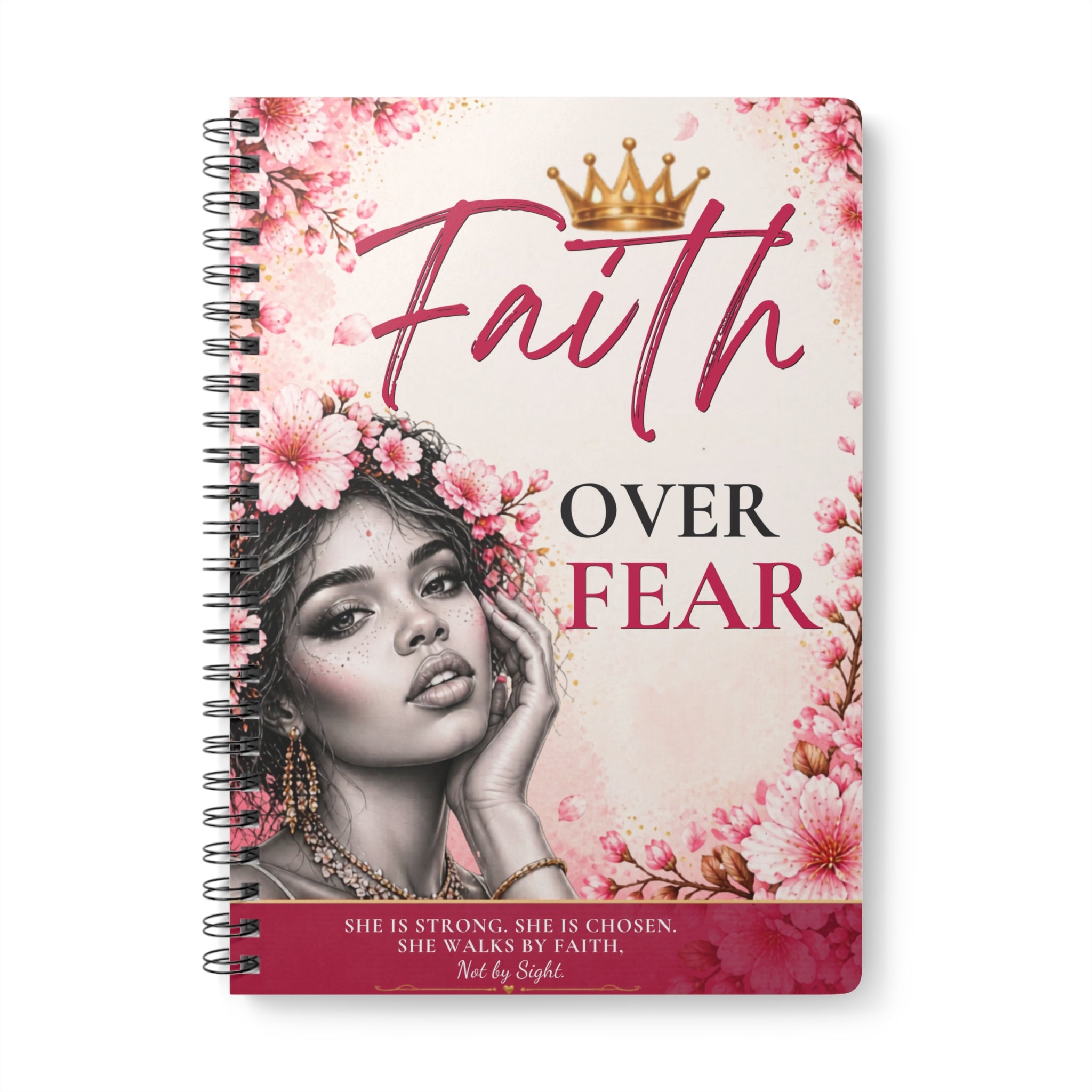 A5 Wirobound Notebook with "Faith Over Fear" cover featuring printed paper pages, designed for journaling and note-taking.