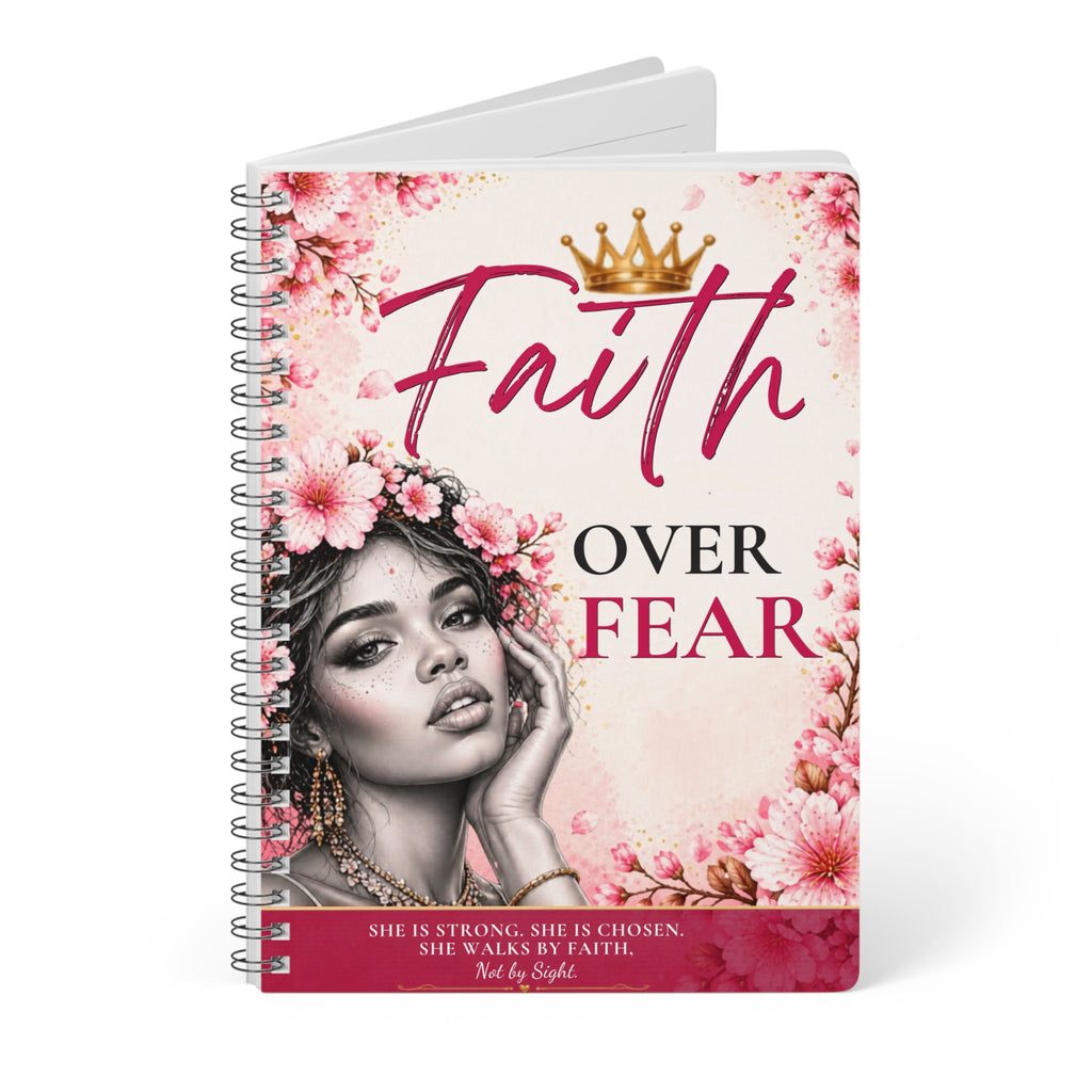 A5 Wirobound Faith Over Fear notebook with printed cover, featuring inspirational text and lined paper inside, by Printify.