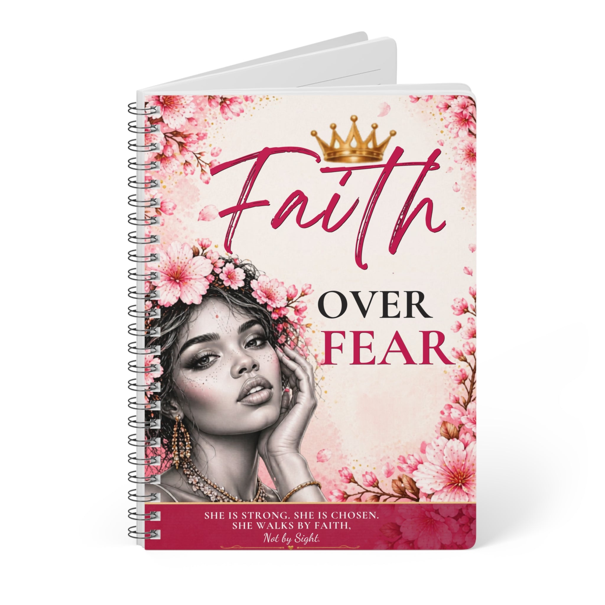 A5 Wirobound Faith Over Fear notebook with printed cover, featuring inspirational text and lined paper inside, by Printify.
