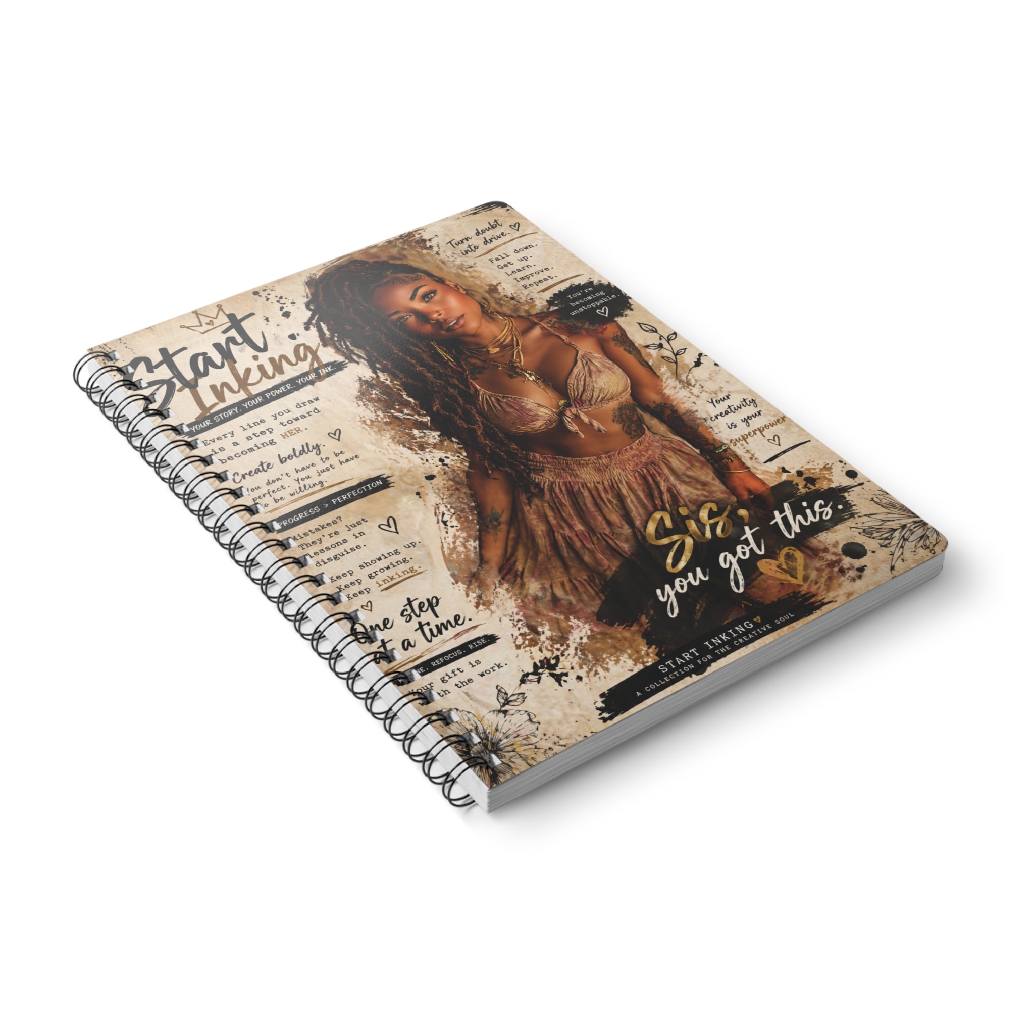 A5 spiral notebook with softcover, featuring "Sis, You Got This" inspirational message on the cover, by Printify.