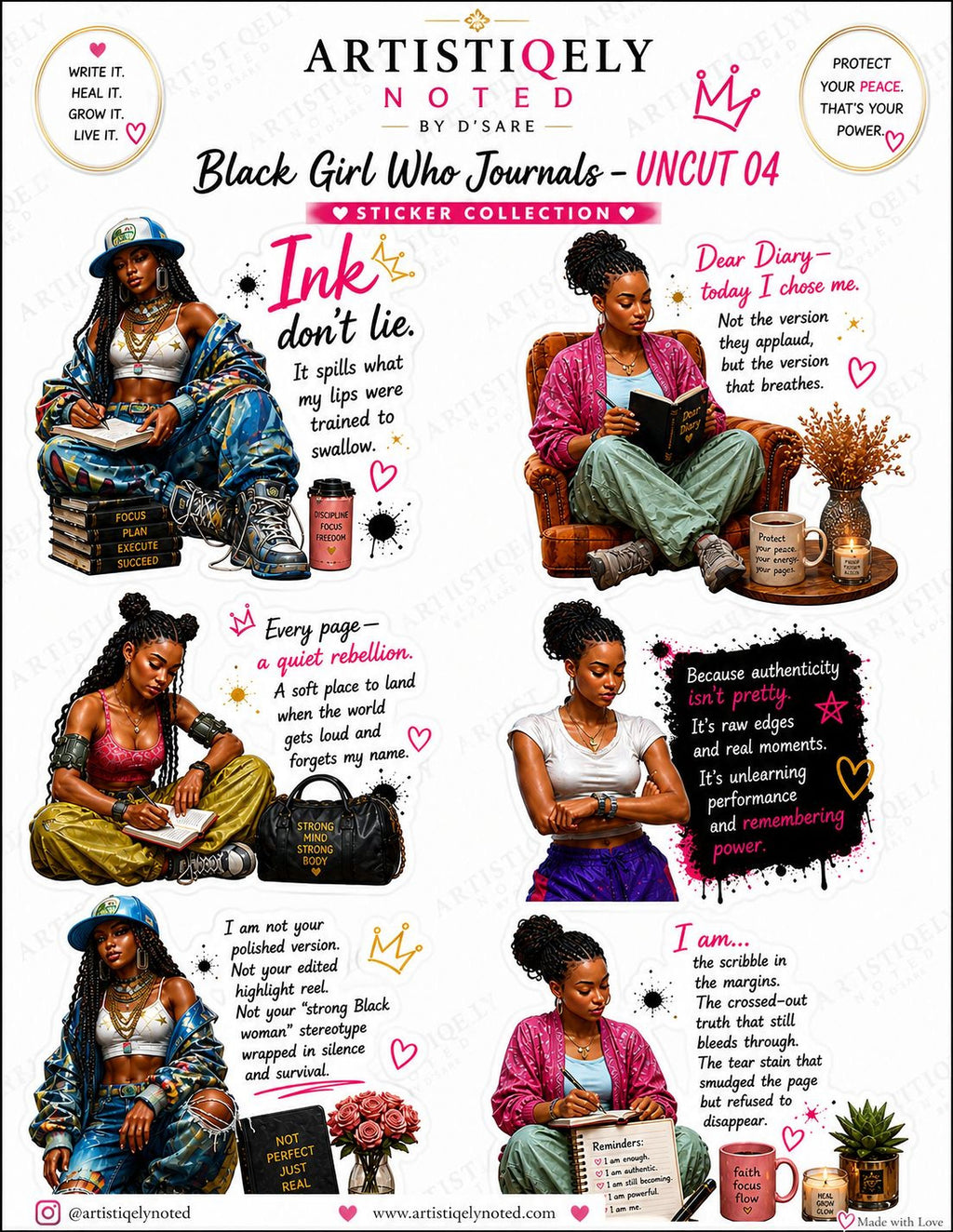 The image is a collage of illustrations featuring a young woman in various poses and settings, accompanied by text that conveys a message about self-expression, identity, and empowerment.