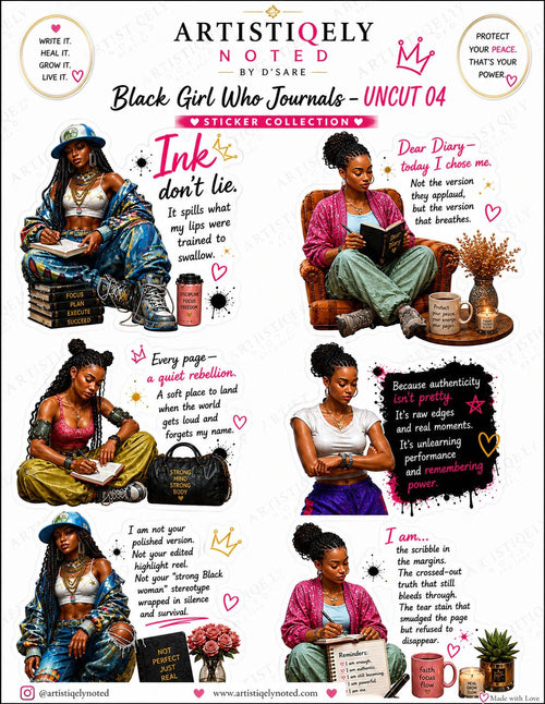 The image is a collage of illustrations featuring a young woman in various poses and settings, accompanied by text that conveys a message about self-expression, identity, and empowerment.