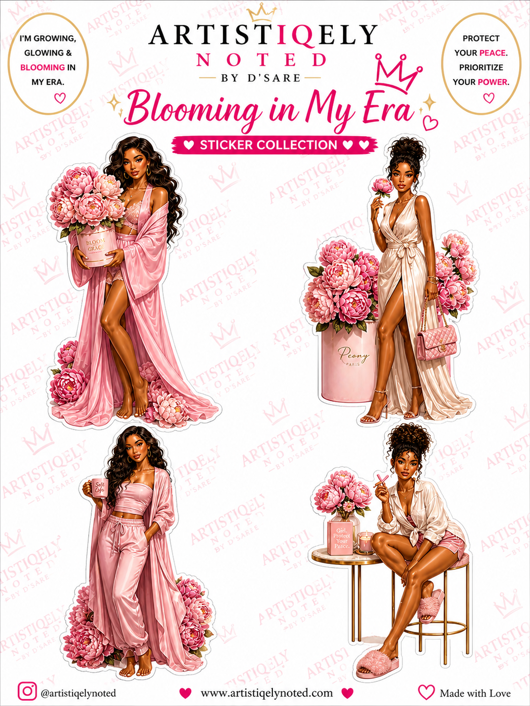 Artistiqely Noted by D'Sare blooming in my era sticker sheet featuring colorful floral and decorative stickers for planners and crafts.