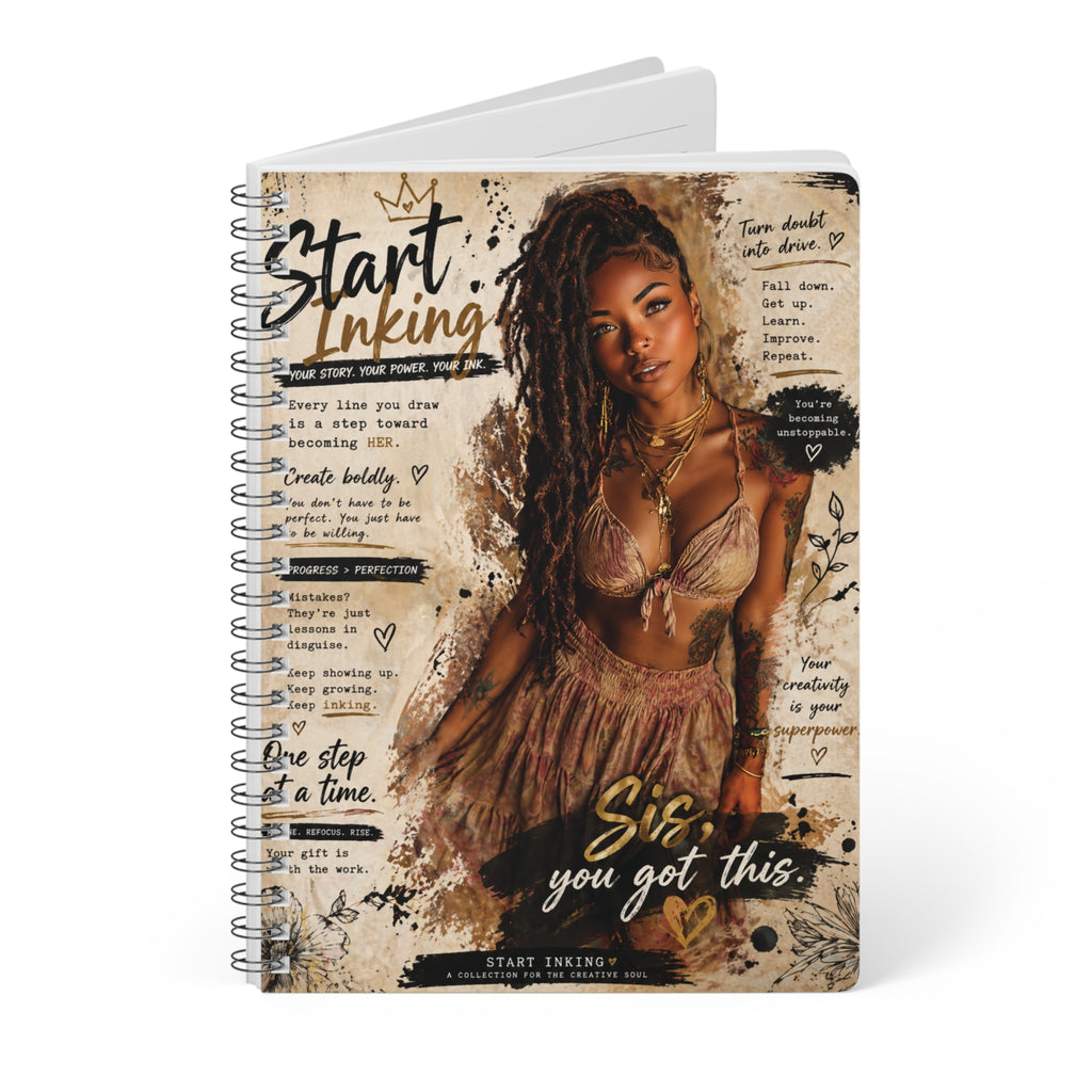 A5 spiral notebook with softcover featuring "Sis, You Got This" inspirational quote, designed for paper products by Printify.