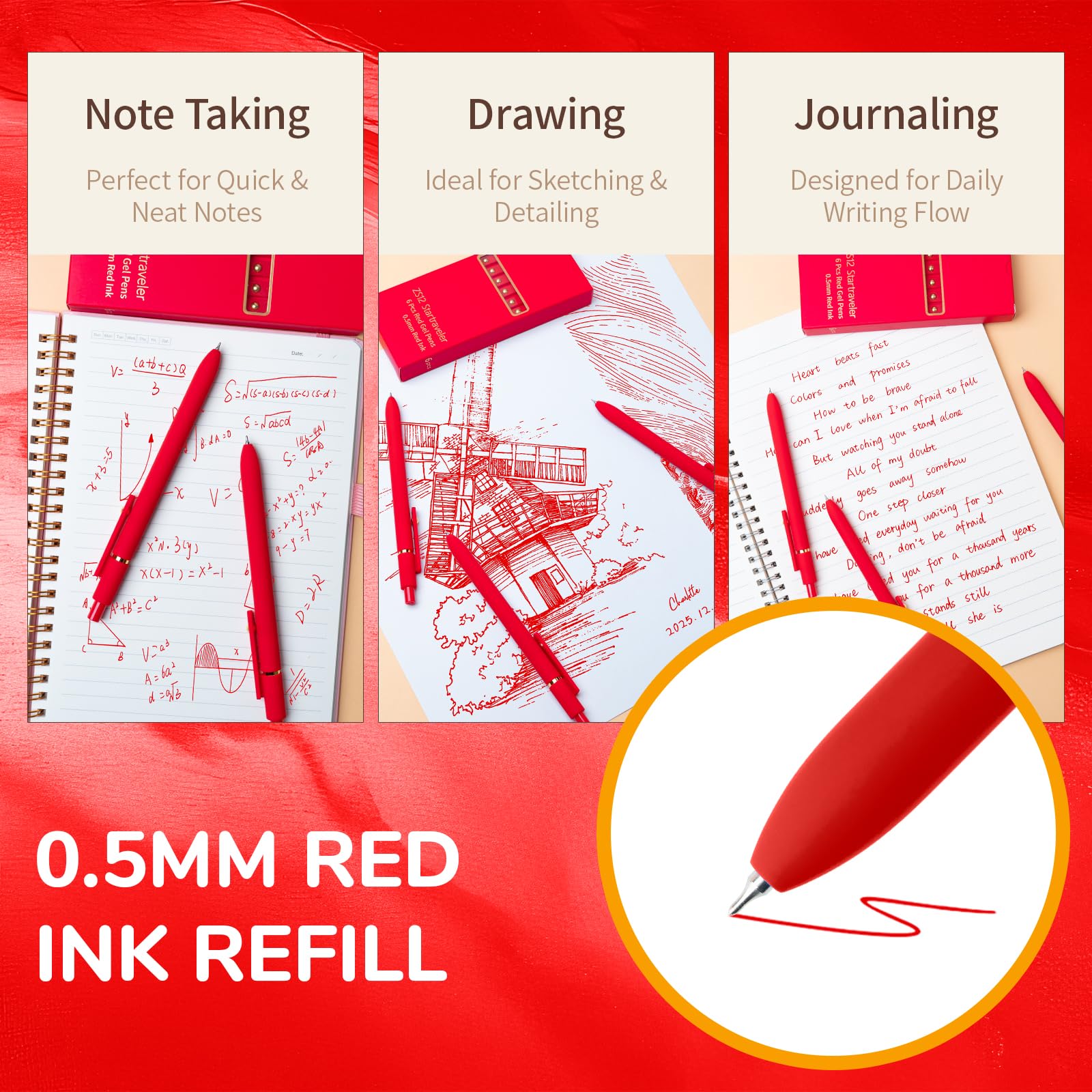 6 Pcs Fine Point Smooth Writing Gel Pens, 0.5mm Colored Ink for Journaling