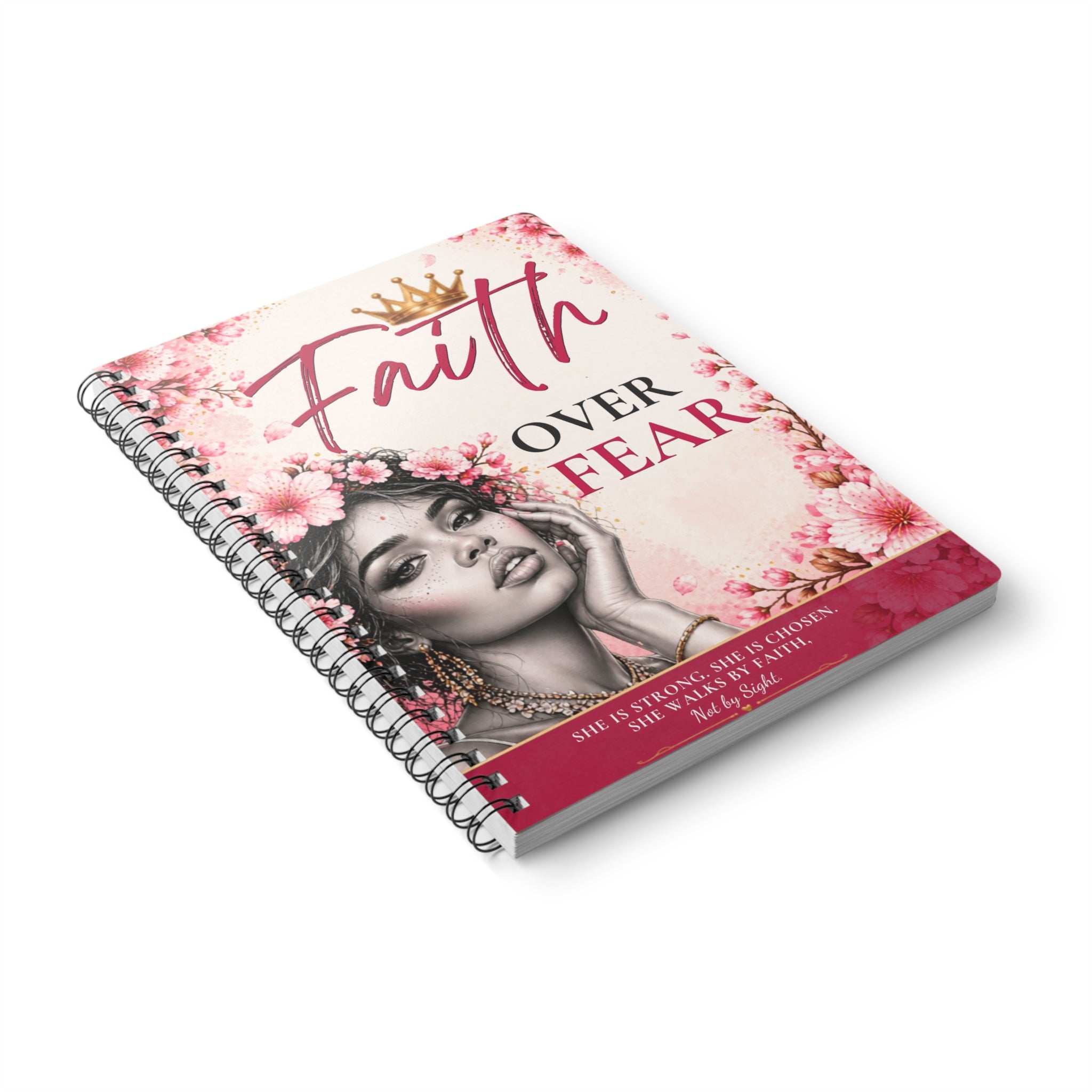 A5 Wirobound notebook titled "Faith Over Fear" with a printed cover, featuring lined paper for writing, by Printify.