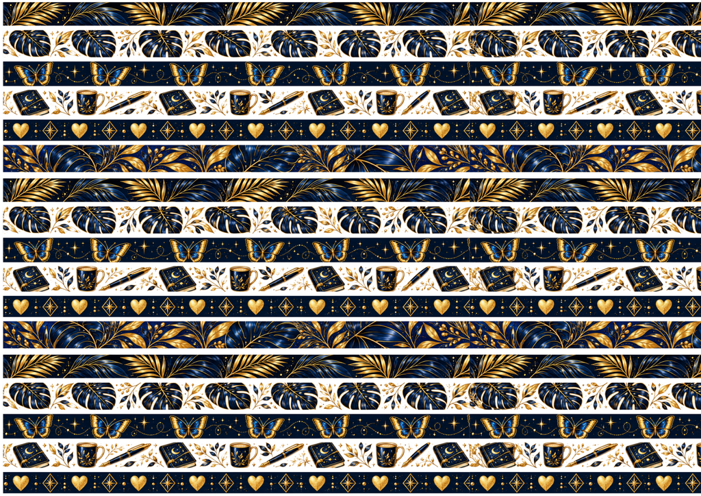 Full sheet of 17 navy and gold decorative washi strips