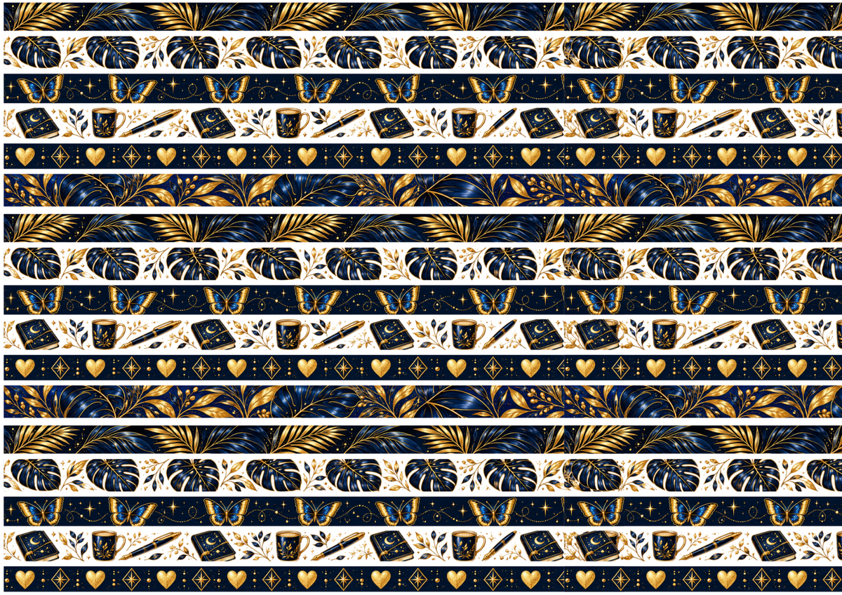 Full sheet of 17 navy and gold decorative washi strips