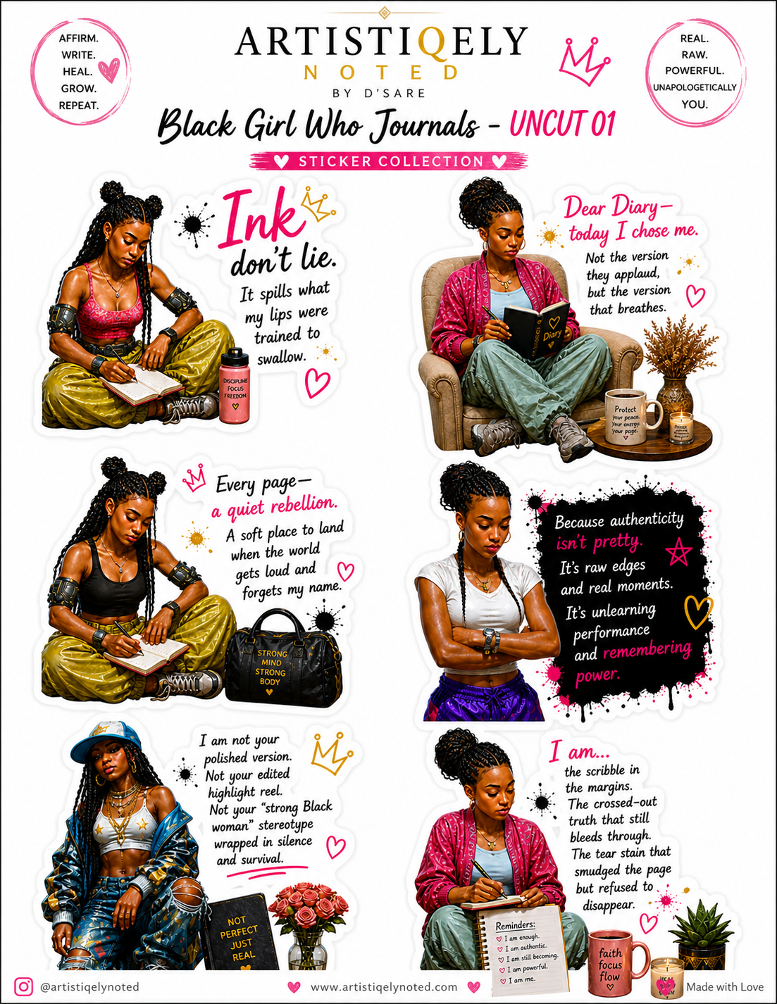 Black Girl Who Journals sticker set featuring empowering affirmation and self-love journal stickers with Black woman artwork.