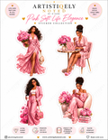 Black woman pink soft life elegance sticker sheet featuring stylish illustrations and empowering designs by Artistiqely Noted.