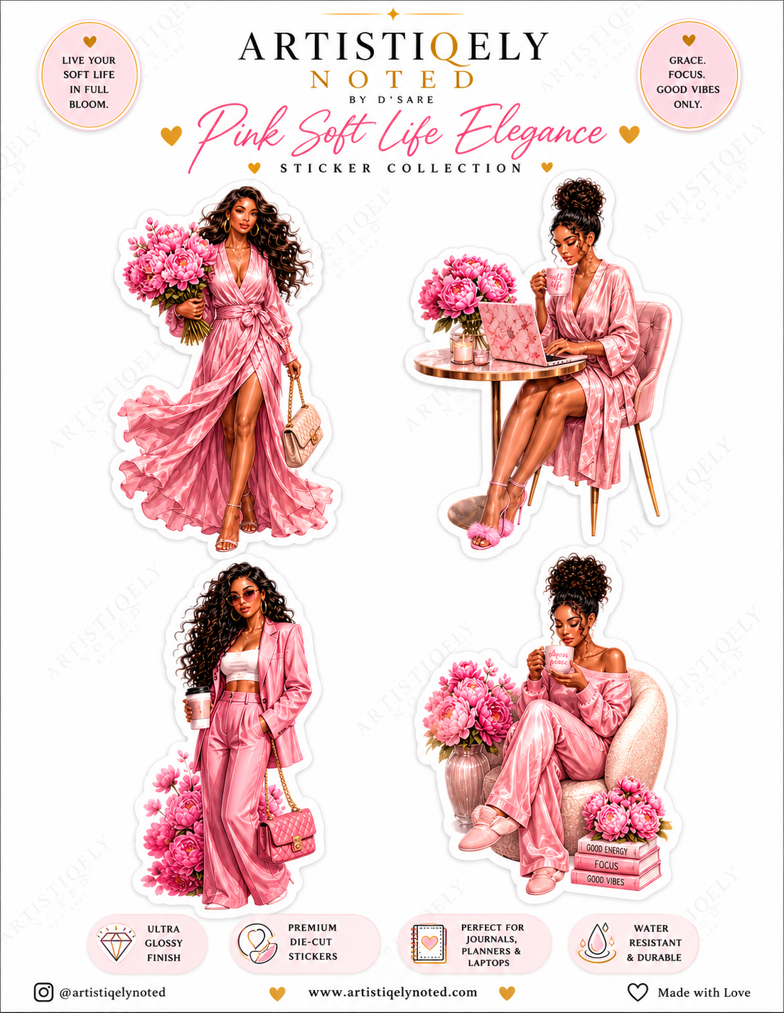 Black woman pink soft life elegance sticker sheet featuring stylish illustrations and empowering designs by Artistiqely Noted.