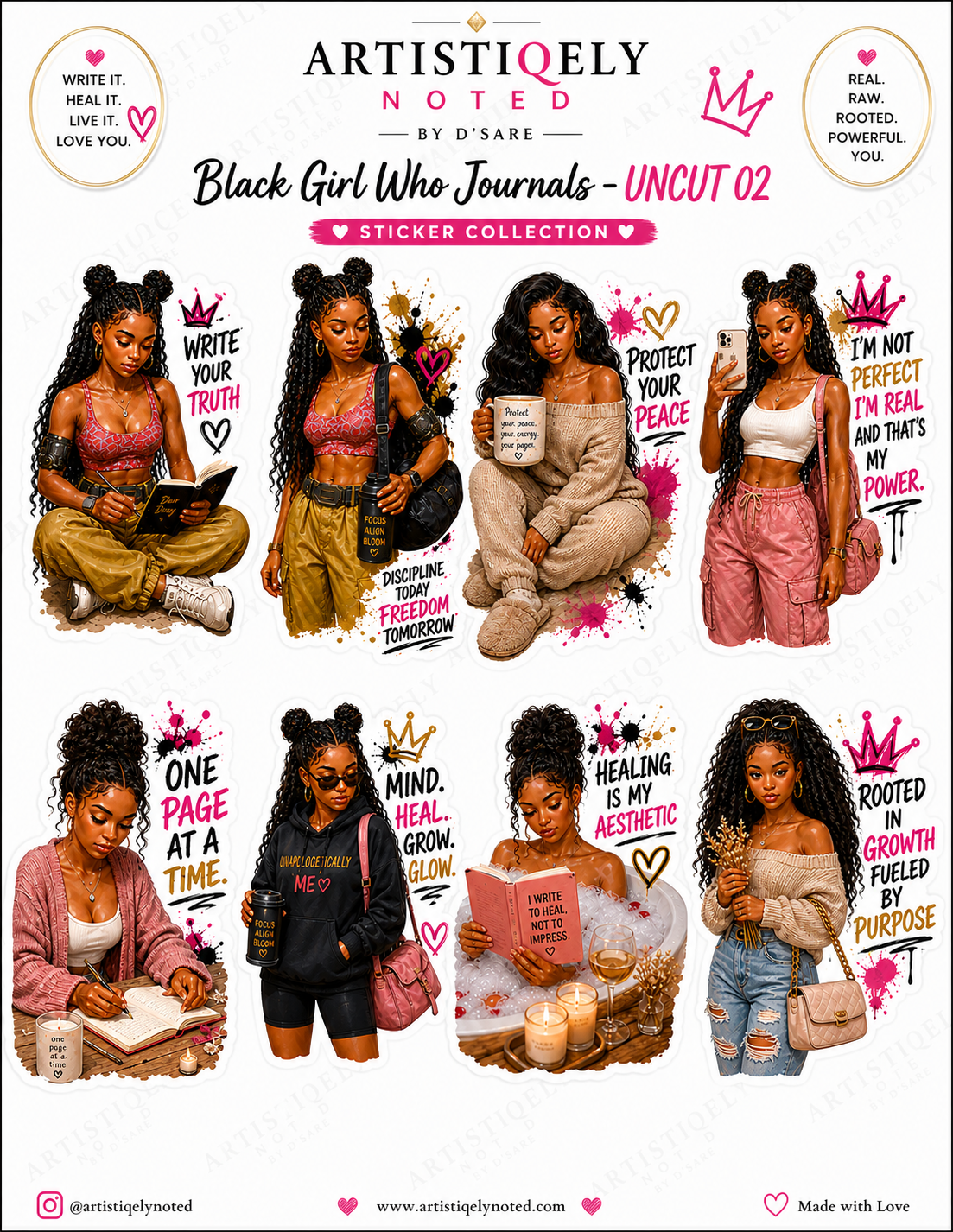Black Girl Who Journals sticker set featuring empowering affirmation and self-love black woman art stickers for planners and journaling.
