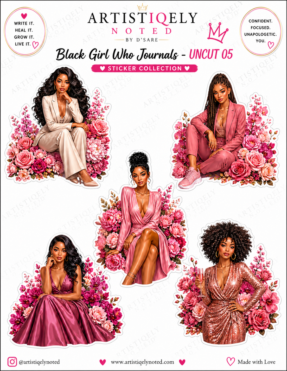 Black Girl Who Journals sticker set featuring inspiring Black woman art stickers, vibrant designs for journaling and decorating.