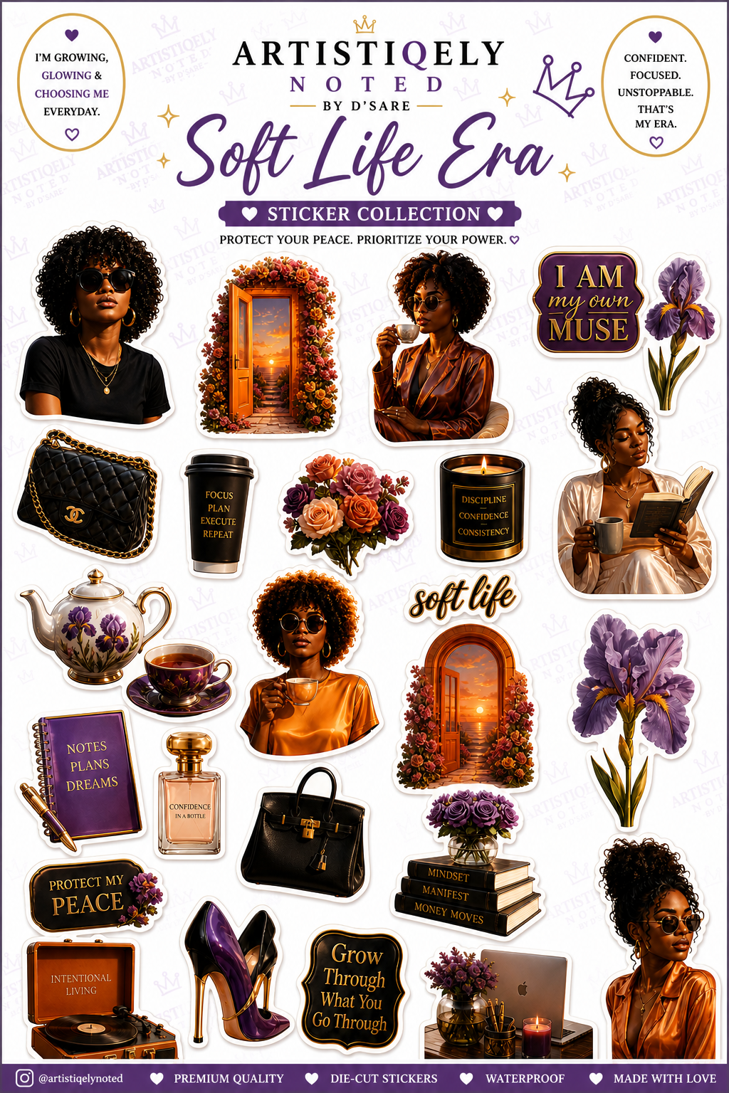 Black woman soft life era sticker sheet from Artistiqely Noted by D'Sare features vibrant, empowering designs on paper.
