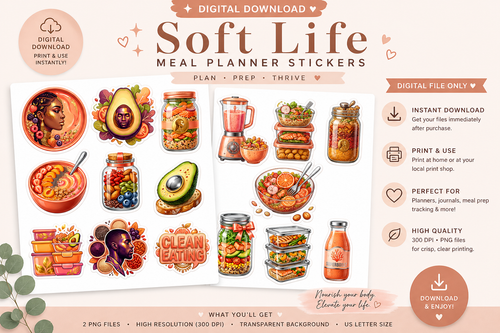 Limited edition digital sticker set featuring 150 soft life meal prep designs by Artistiqely Noted by D'Sare.