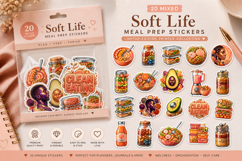 Waterproof mixed soft life meal prep stickers featuring vibrant printed designs by Artistiqely Noted by D'Sare.