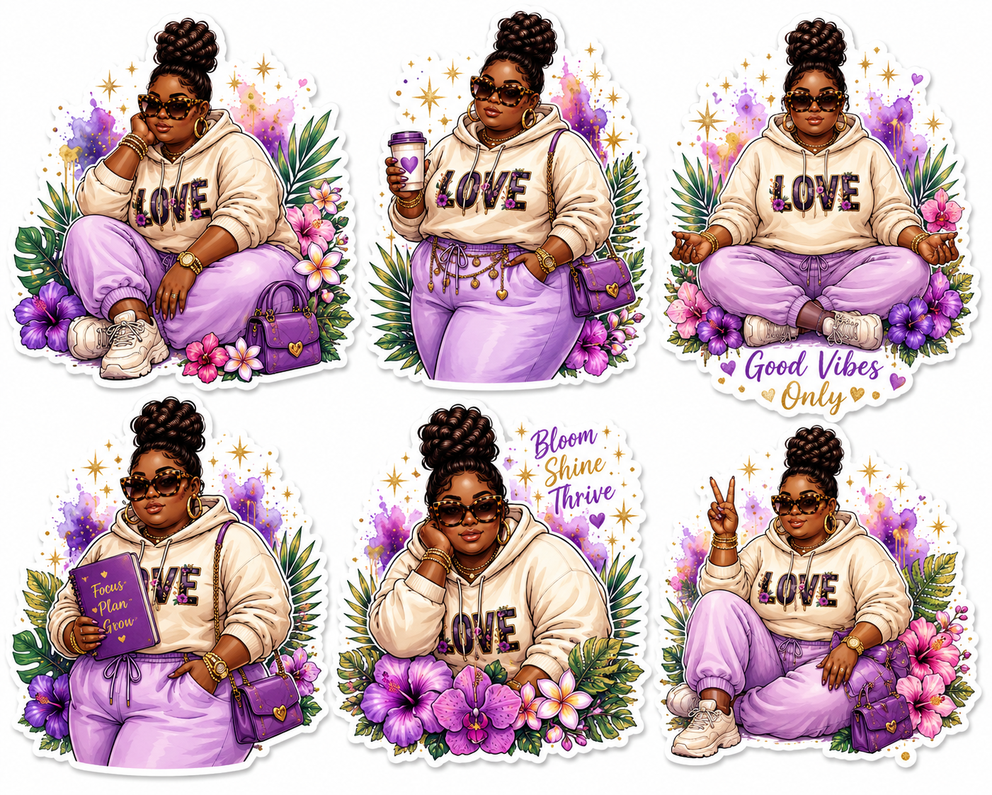 Tropical Black Woman summer floral fashion girl sticker for planners and journals, colorful and vibrant design by Artistiqely Noted.