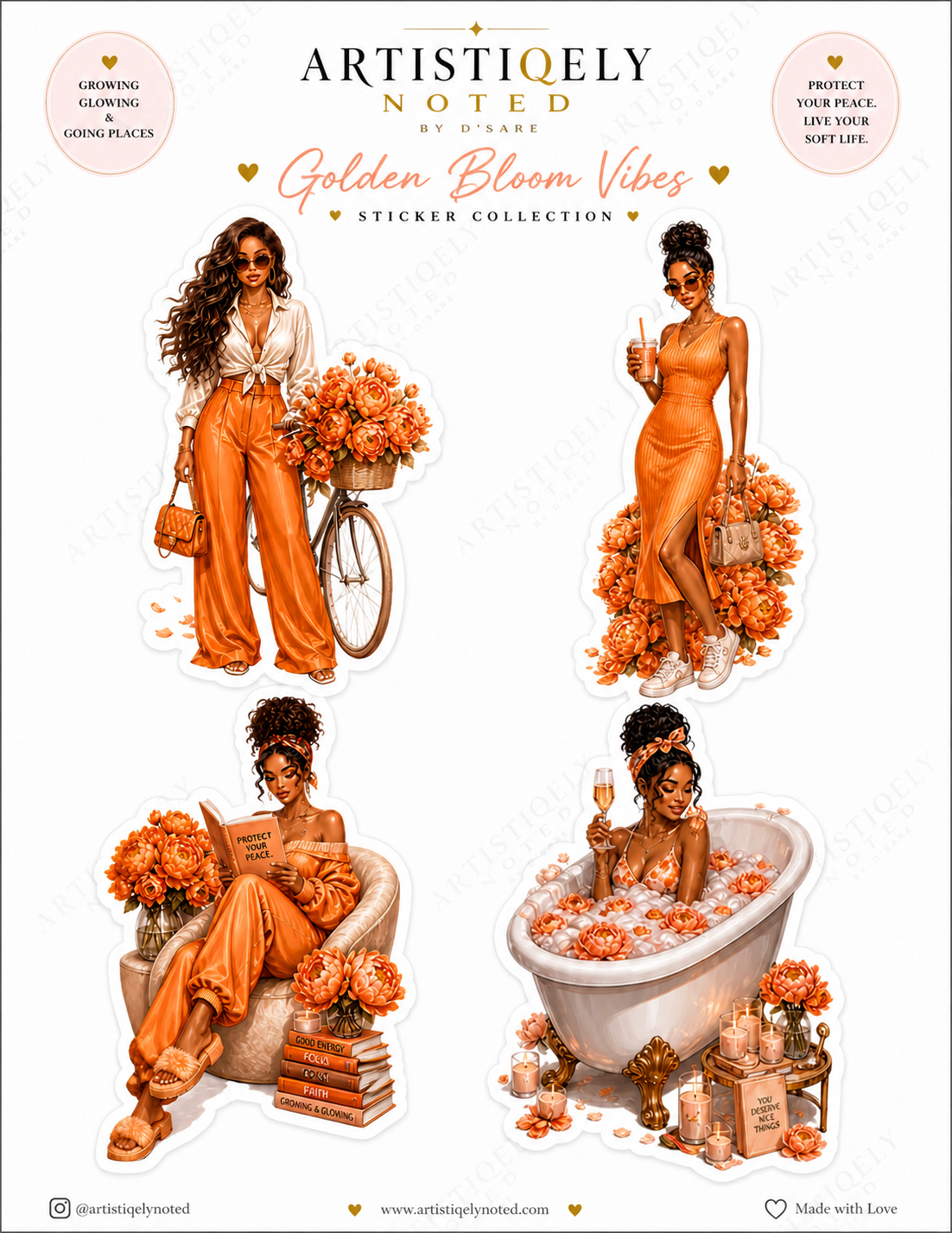 Black woman blossom in bloom sticker sheet featuring vibrant floral designs and artistic illustration by Artistiqely Noted by D'Sare