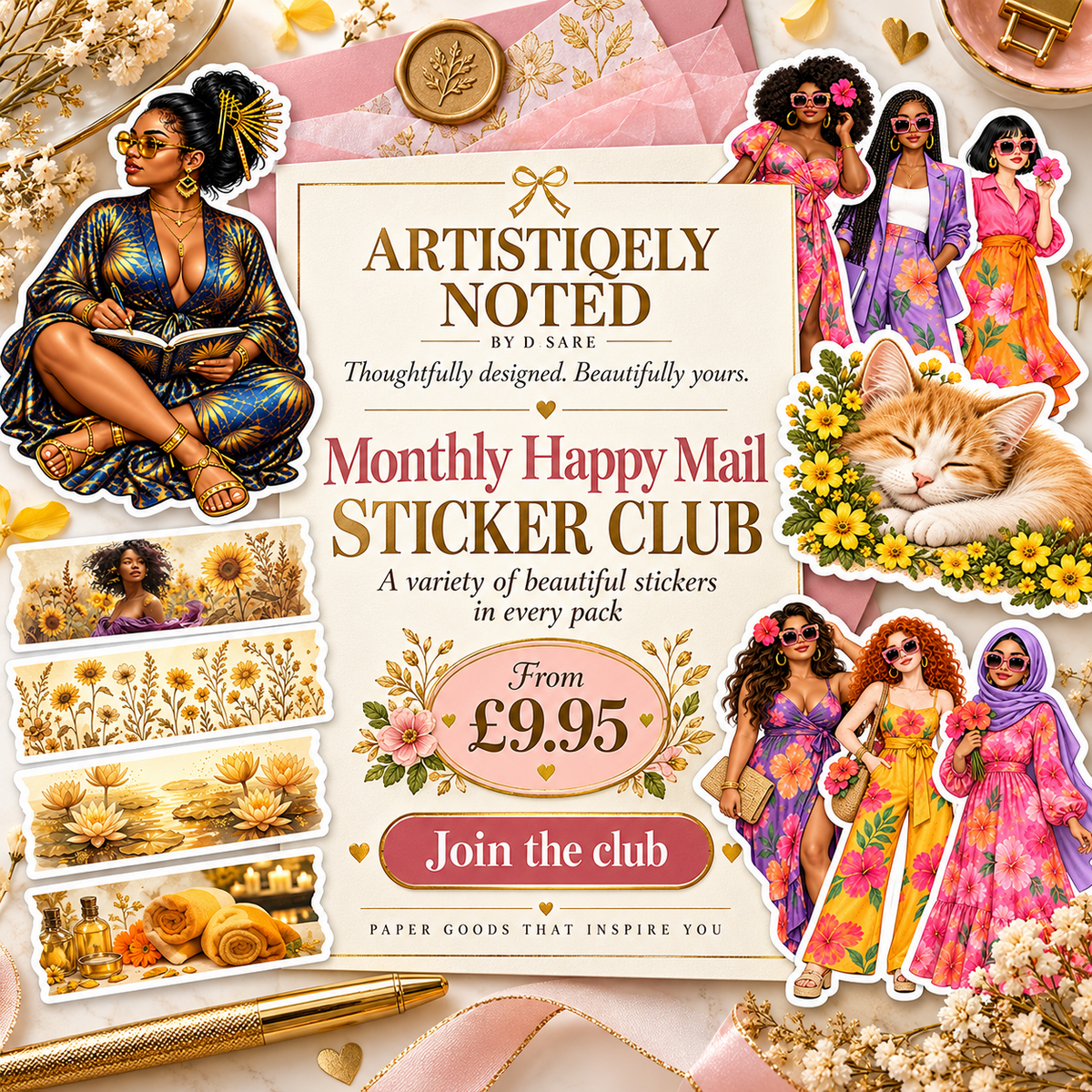 Monthly Happy Mail Sticker Club by ArtistiQely Noted, with a variety of decorative sticker examples