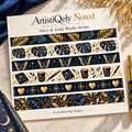 ArtistiQely Noted navy and gold washi strips showing six coordinated botanical, butterfly, journal and heart designs