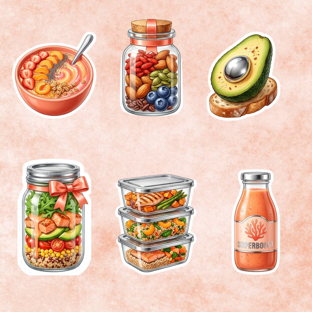Set of 20 waterproof mixed soft life meal prep stickers with vibrant printed designs by Artistiqely Noted for organization and planning