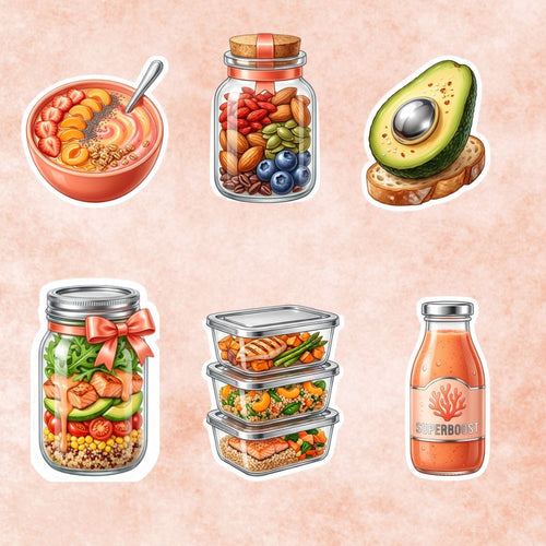 Set of 20 waterproof mixed soft life meal prep stickers with vibrant printed designs by Artistiqely Noted for organization and planning