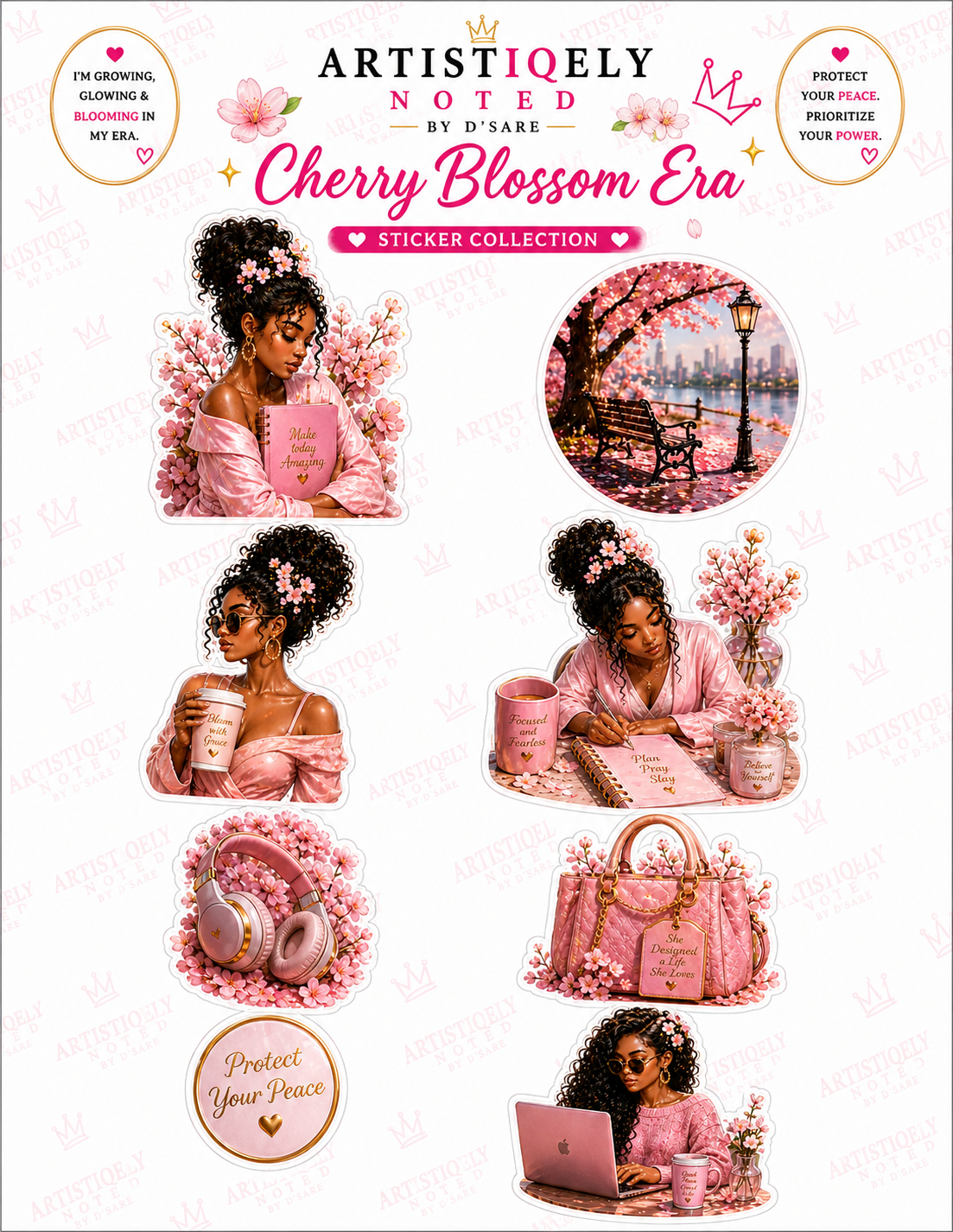 Black woman cherry blossom sticker sheet by Artistiqely Noted featuring diverse illustrations and floral designs