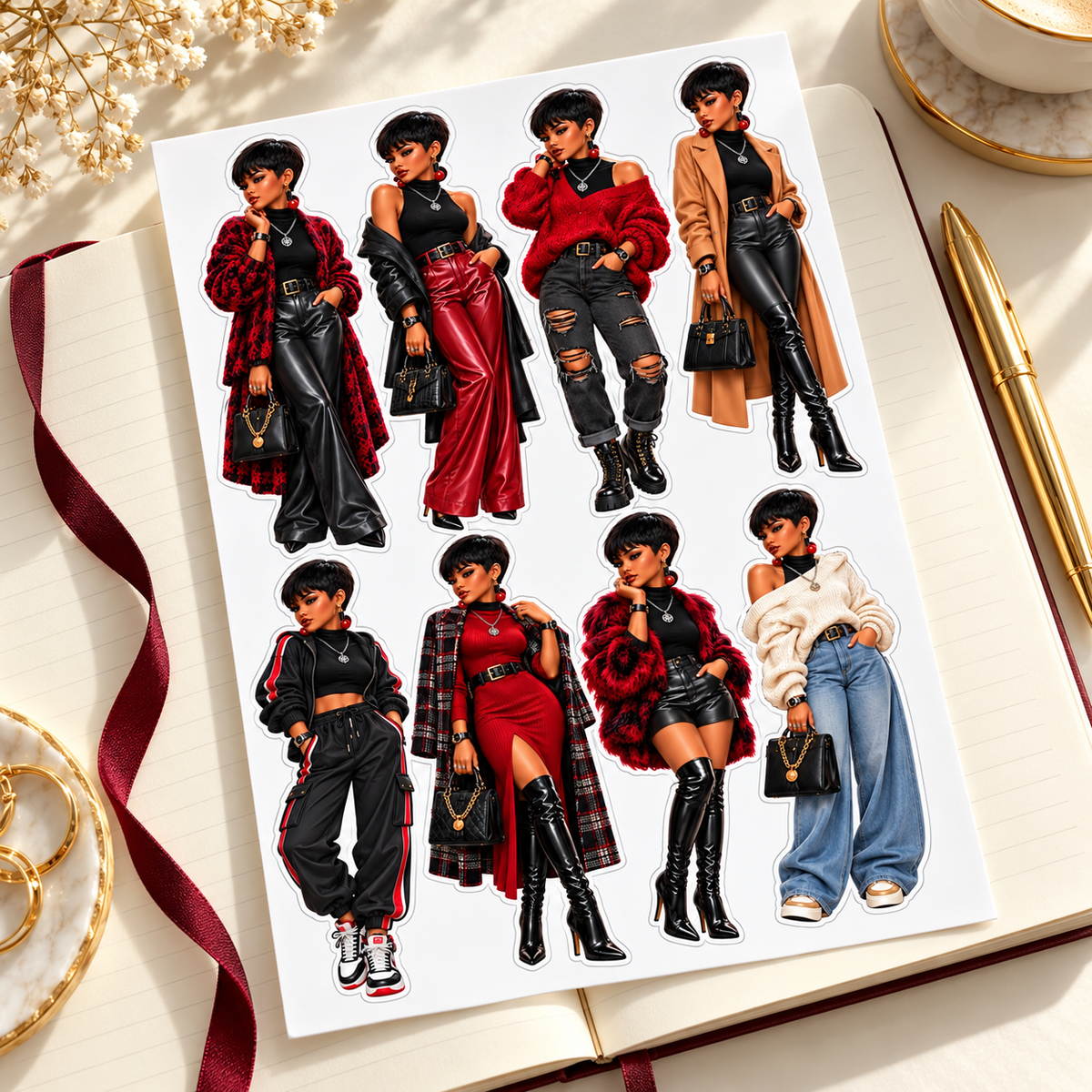 Crimson Street Style eight-doll sheet on an open journal