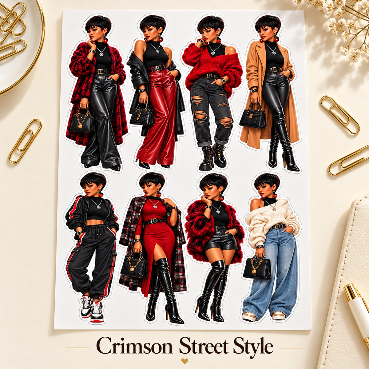 Crimson Street Style 8-doll sticker sheet with design label