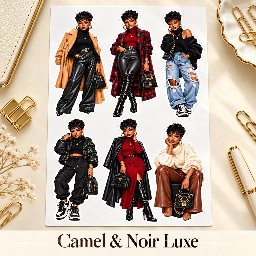 Camel & Noir Luxe 6-doll sticker sheet with design label
