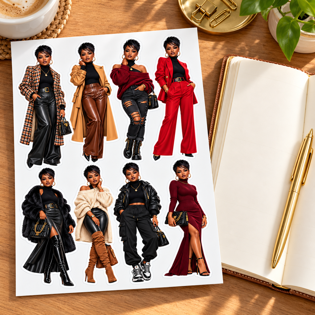 Ruby Autumn Edit eight-doll sheet beside a planner