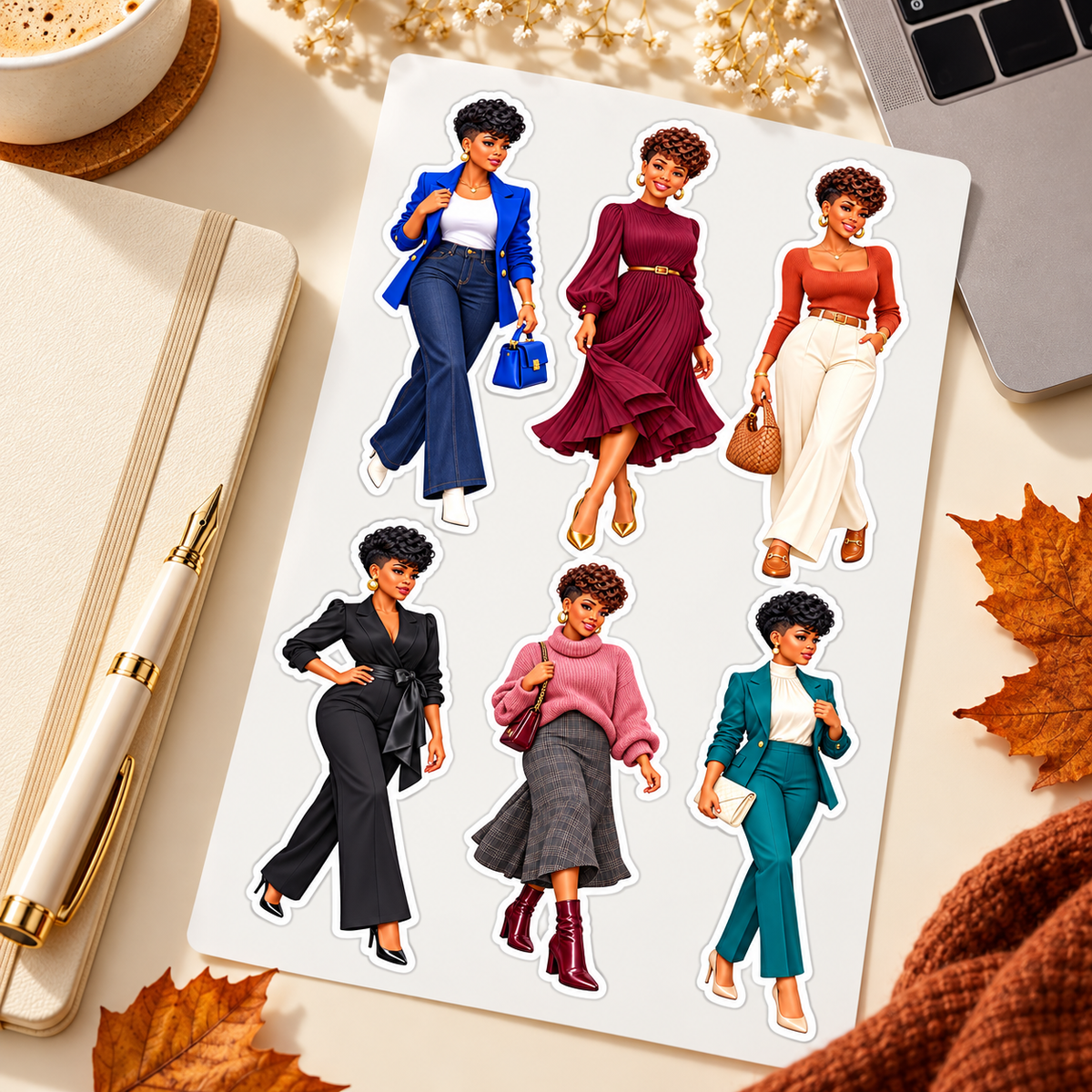 Bold Casual Chic doll sticker sheet on a desk