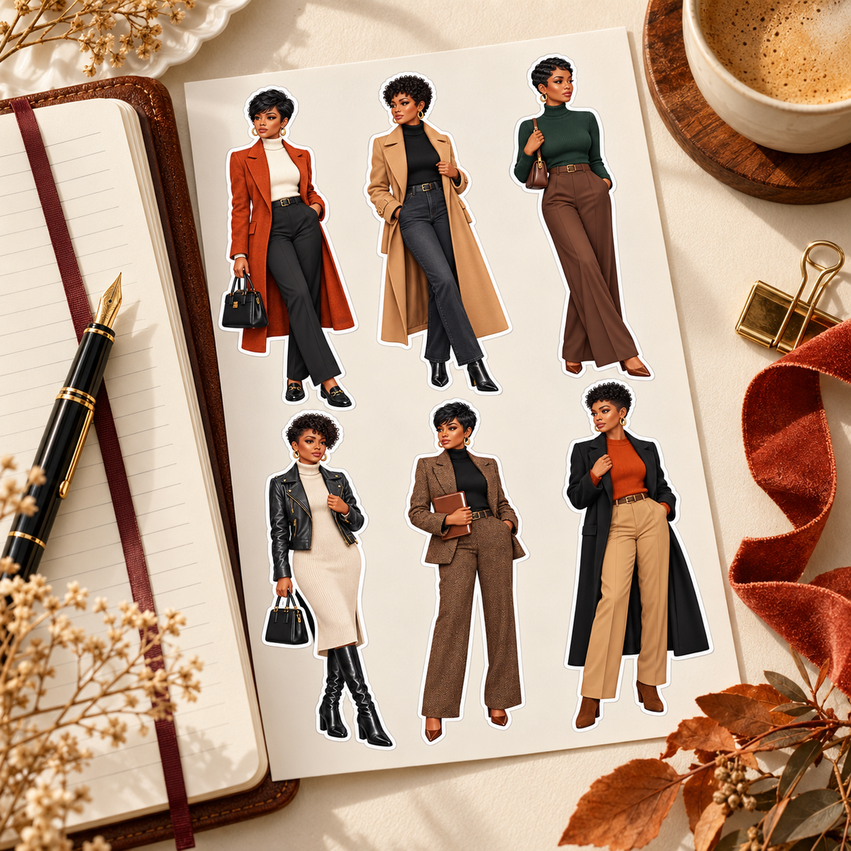 Autumn journal doll sticker sheet on a warm stationery desk