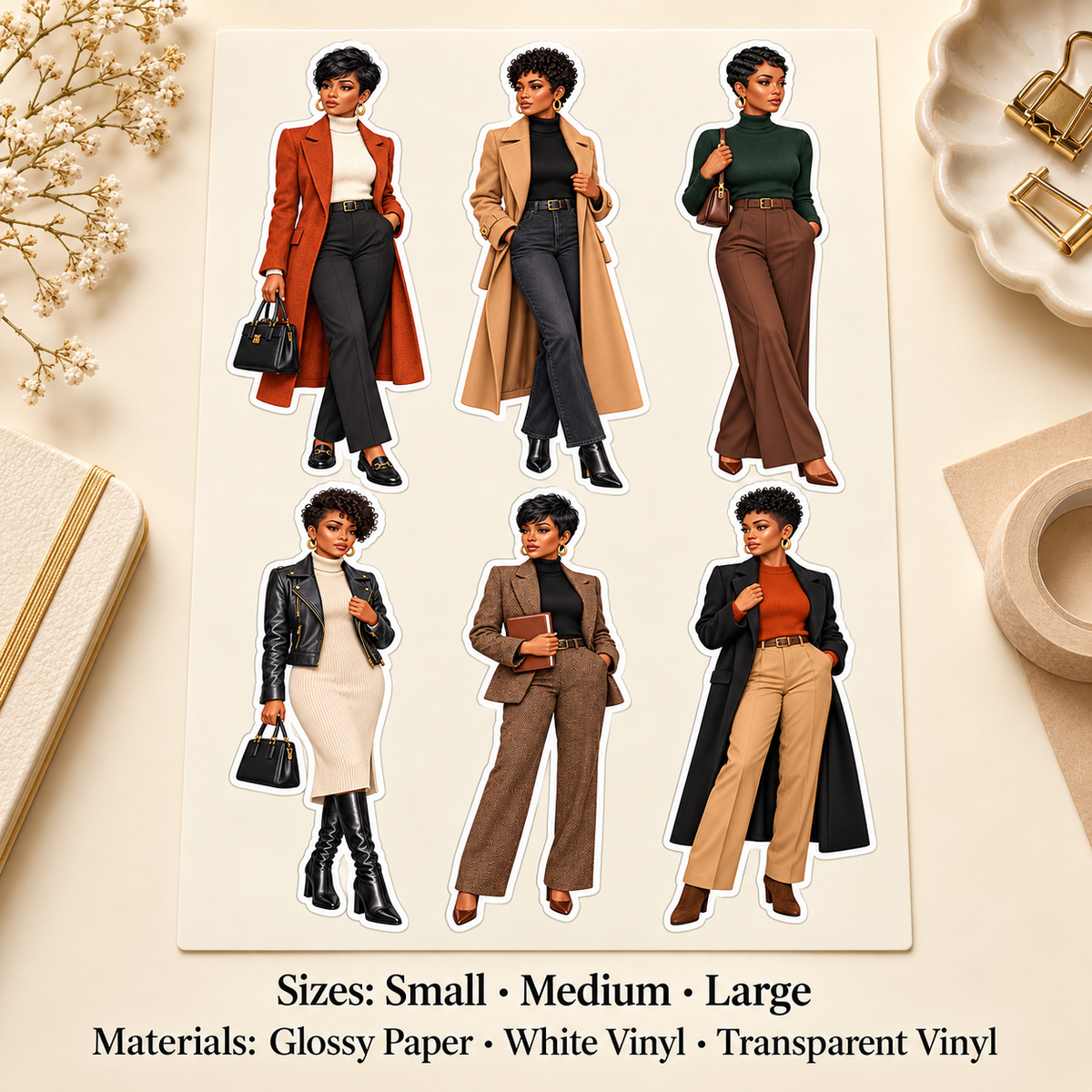 Autumn doll sticker sizes and materials