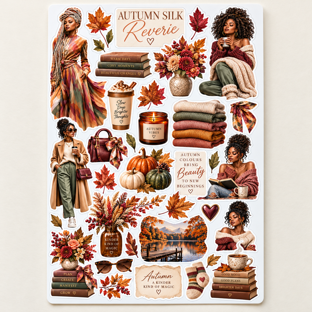 Close-up of Autumn Elegance illustrated sticker sheet on a cream background