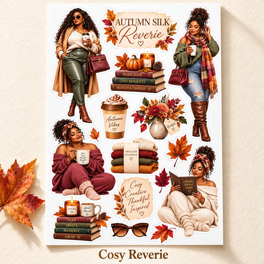 Cosy Reverie coffee and knitwear journal doll sticker sheet, labelled design