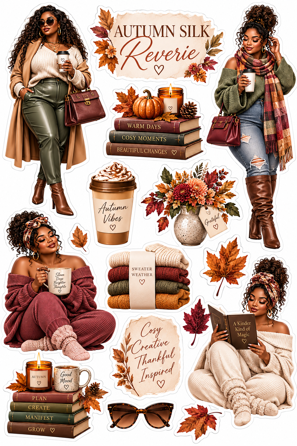 Cosy Reverie printed sticker sheet artwork for journals and planners