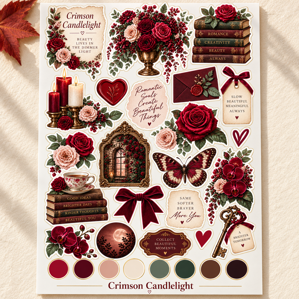 Crimson Candlelight burgundy rose and vintage botanical sticker sheet, labelled design