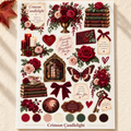 Crimson Candlelight burgundy rose and vintage botanical sticker sheet, labelled design