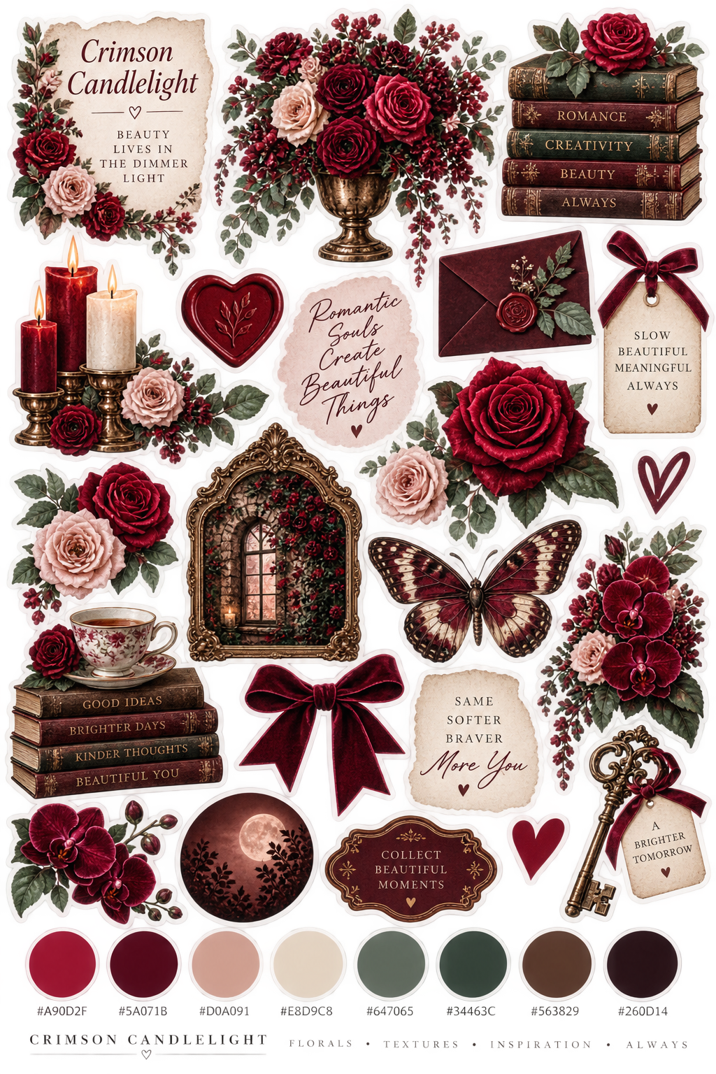 Crimson Candlelight printed sticker sheet artwork for journals and planners