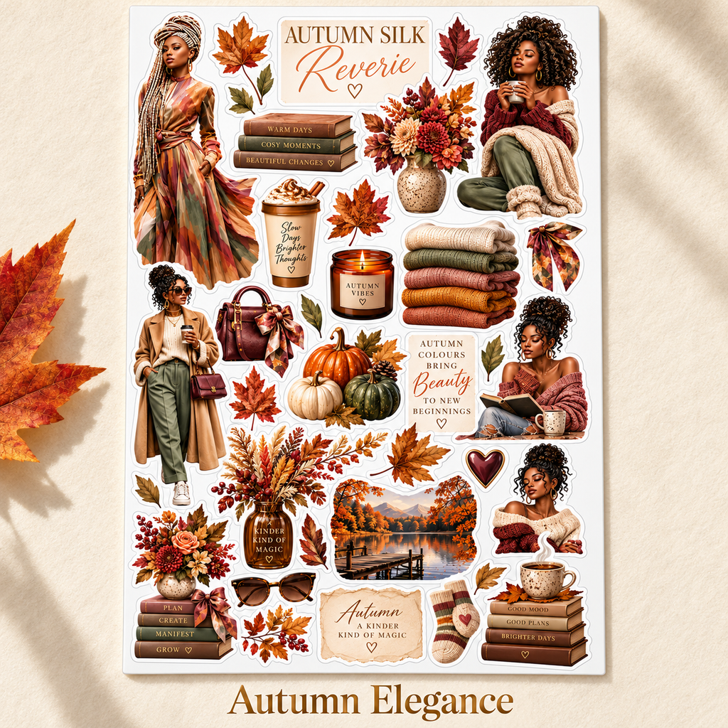 Autumn Elegance Black woman journal doll and autumn floral sticker sheet, labelled design