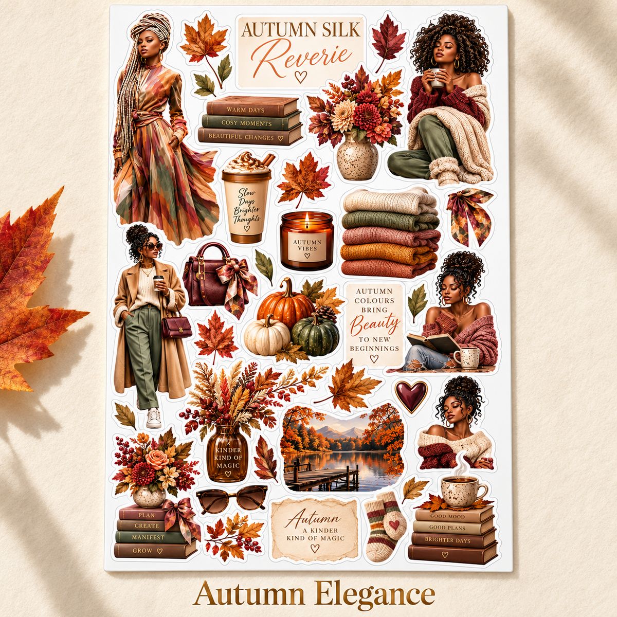 Autumn Elegance Black woman journal doll and autumn floral sticker sheet, labelled design