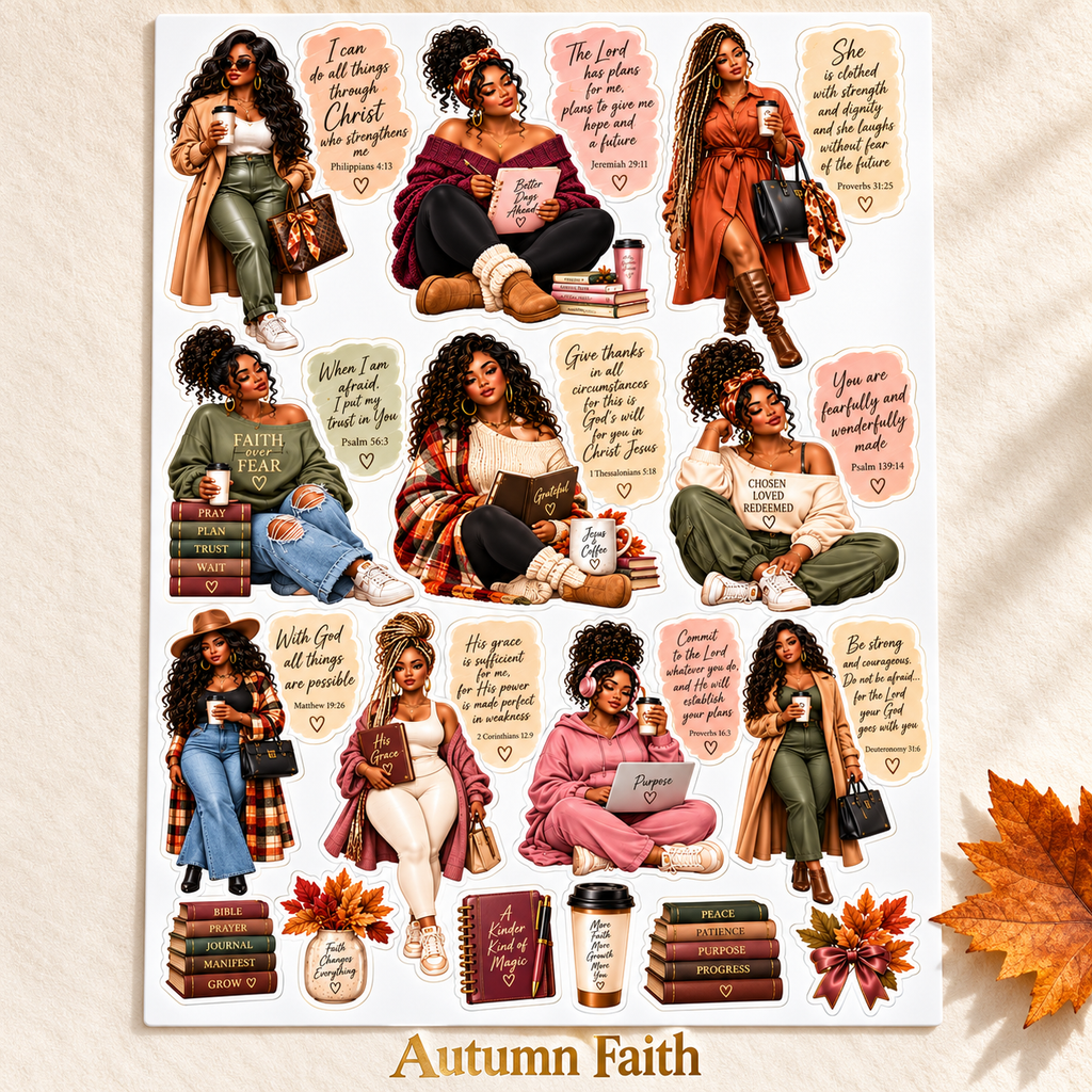 Autumn Faith Black woman Bible verse sticker sheet, labelled design