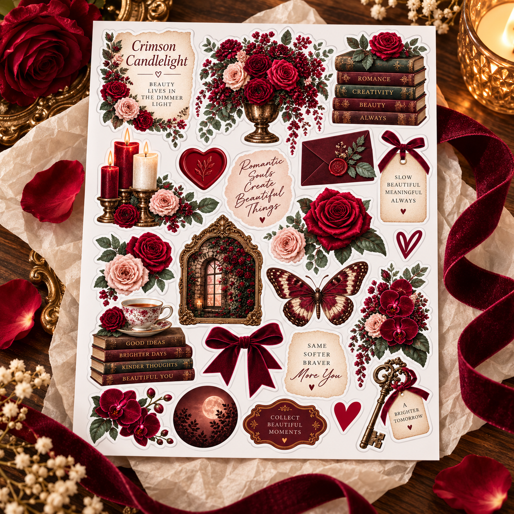 Crimson Candlelight sticker sheet styled with burgundy ribbon and cream tissue