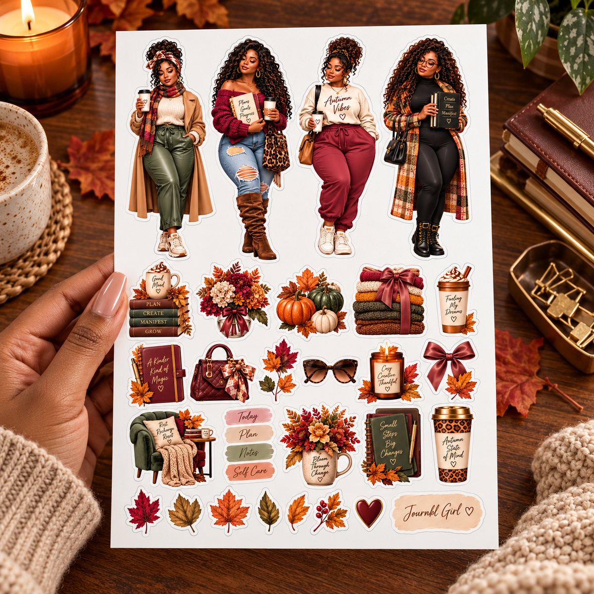 Adult hand holding Journal Girl sticker sheet over a warm wooden desk