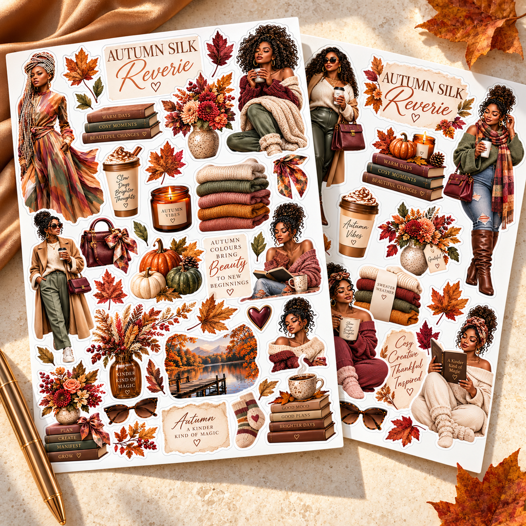 Autumn Elegance and Cosy Reverie sticker sheets styled on an ivory desk with autumn leaves