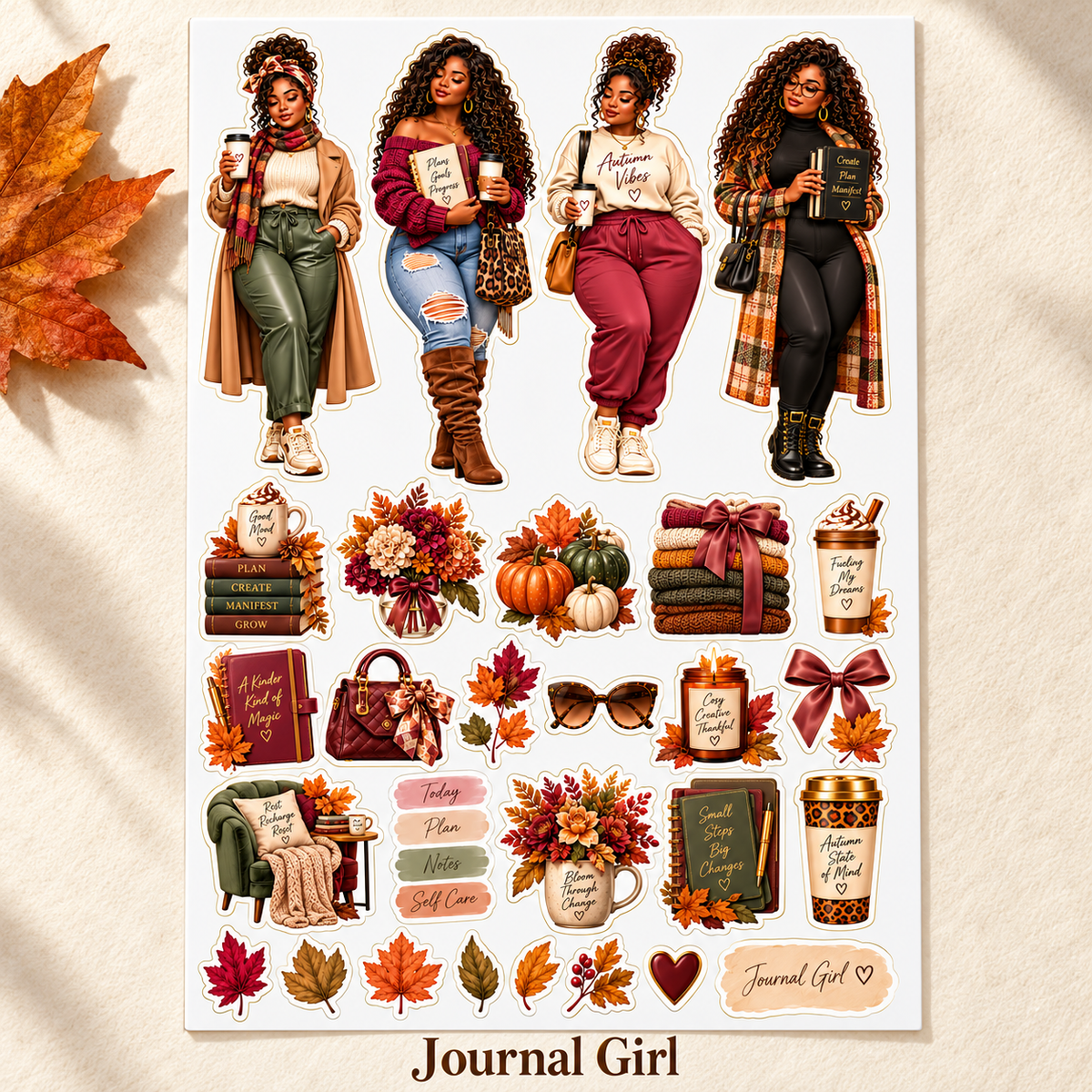 Journal Girl autumn fashion dolls and stationery sticker sheet, labelled design